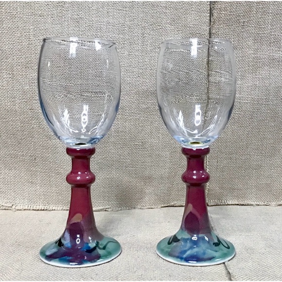 Other - Wine Glass Set w Art Pottery Stem Gothic Goth Goblin Core Boho Unique Eclectic